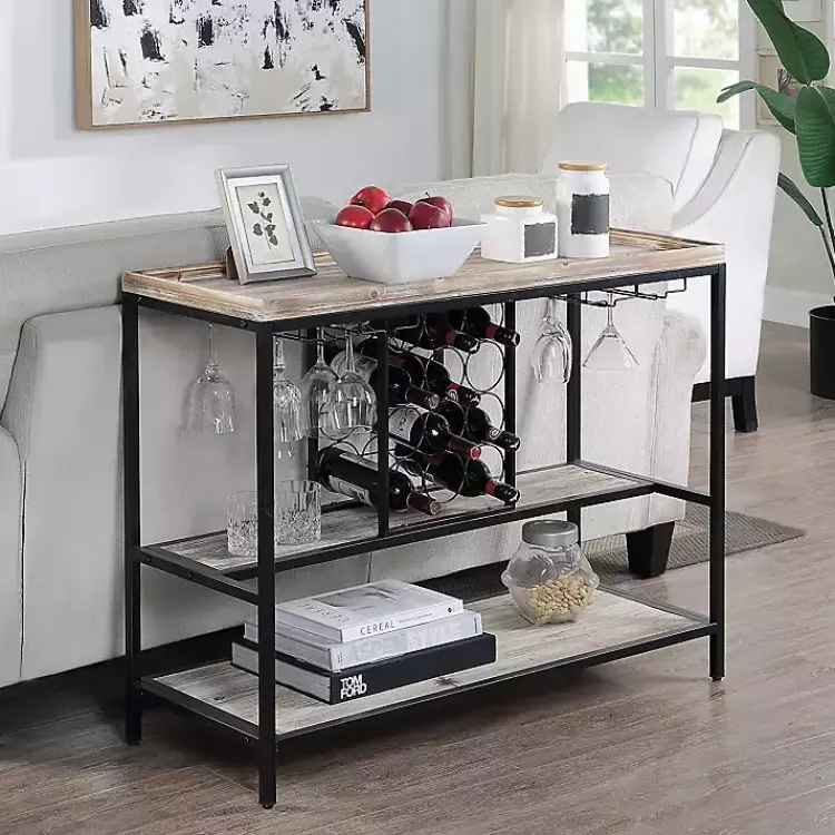 Kirklands Home Console Tables|Natural Wood & Black Metal Wine Rack Console Table