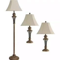 Kirklands Home Table Lamps|Natural Wood & Bronze Metal 3-pc. Lamp Set Ivory