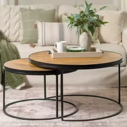 Kirklands Home Coffee Tables|Natural Wood & Metal 2-pc. Coffee Table Set Tan