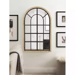 Kirklands Home Decorative Mirrors|Natural Wood and Metal Arch Windowpane Wall Mirror