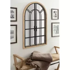 Kirklands Home Decorative Mirrors|Natural Wood and Metal Arch Windowpane Wall Mirror