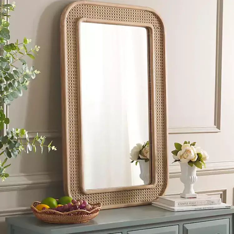 Kirklands Home Decorative Mirrors|Natural Wood and Rattan Alessa Wall Mirror