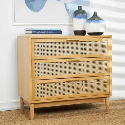 Kirklands Home Dressers & Chests|Natural Wood and Rat 3-Drawer Chest Tan