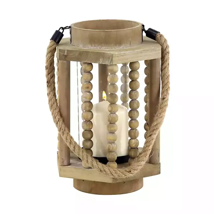 Outlet Natural Wood Beaded & Rope Handle Lantern Lanterns
