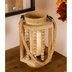 Outlet Natural Wood Beaded & Rope Handle Lantern Lanterns