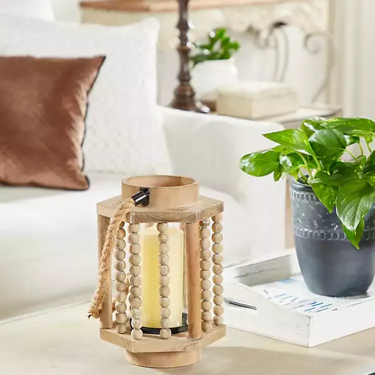 Outlet Natural Wood Beaded & Rope Handle Lantern Lanterns