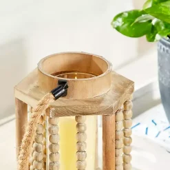 Outlet Natural Wood Beaded & Rope Handle Lantern Lanterns
