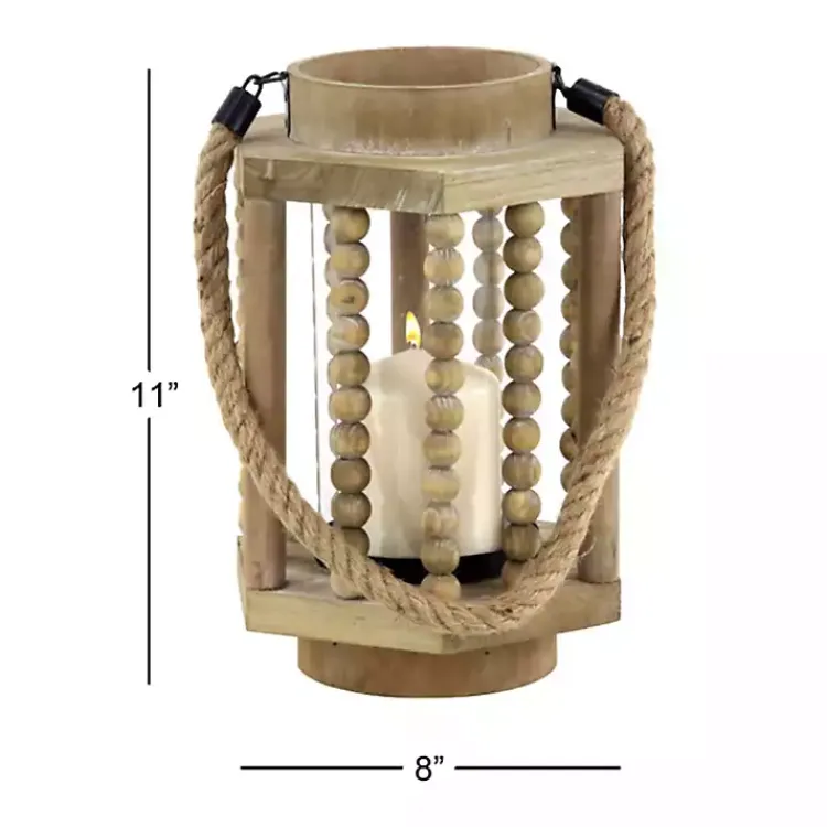 Outlet Natural Wood Beaded & Rope Handle Lantern Lanterns