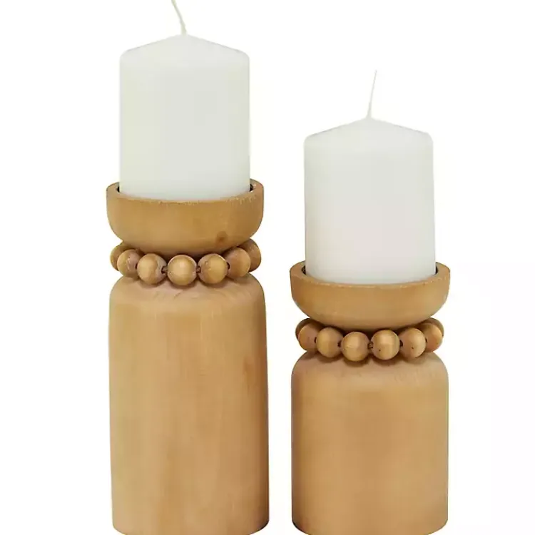 Natural Wood Beaded Candle Holders, Set of 2 Candle Holders
