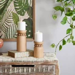Natural Wood Beaded Candle Holders, Set of 2 Candle Holders