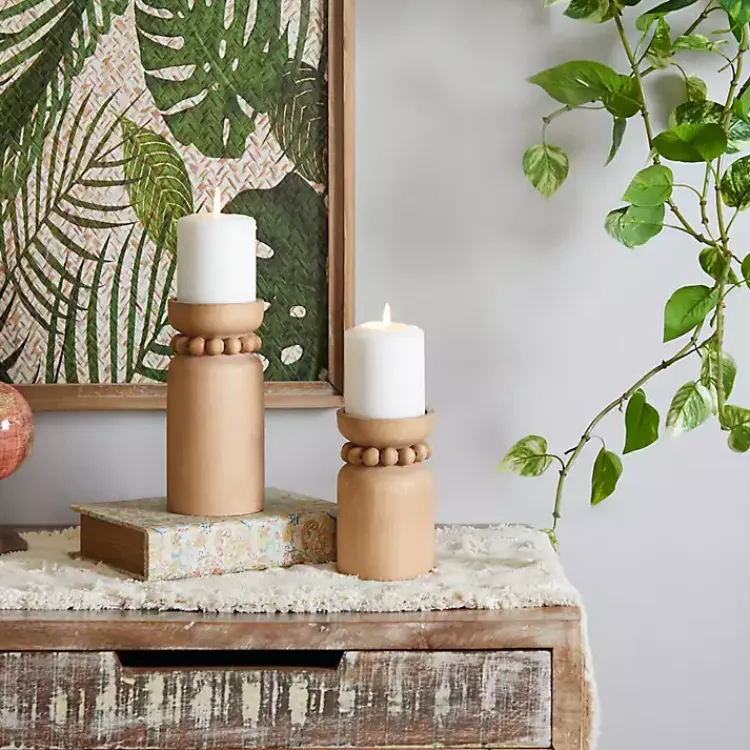 Natural Wood Beaded Candle Holders, Set of 2 Candle Holders
