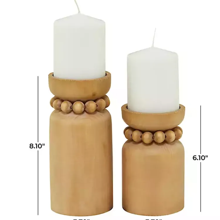 Natural Wood Beaded Candle Holders, Set of 2 Candle Holders
