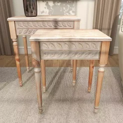 Kirklands Home Accent & End Tables|Natural Wood Carved Leaf Accent Tables, Set of 2