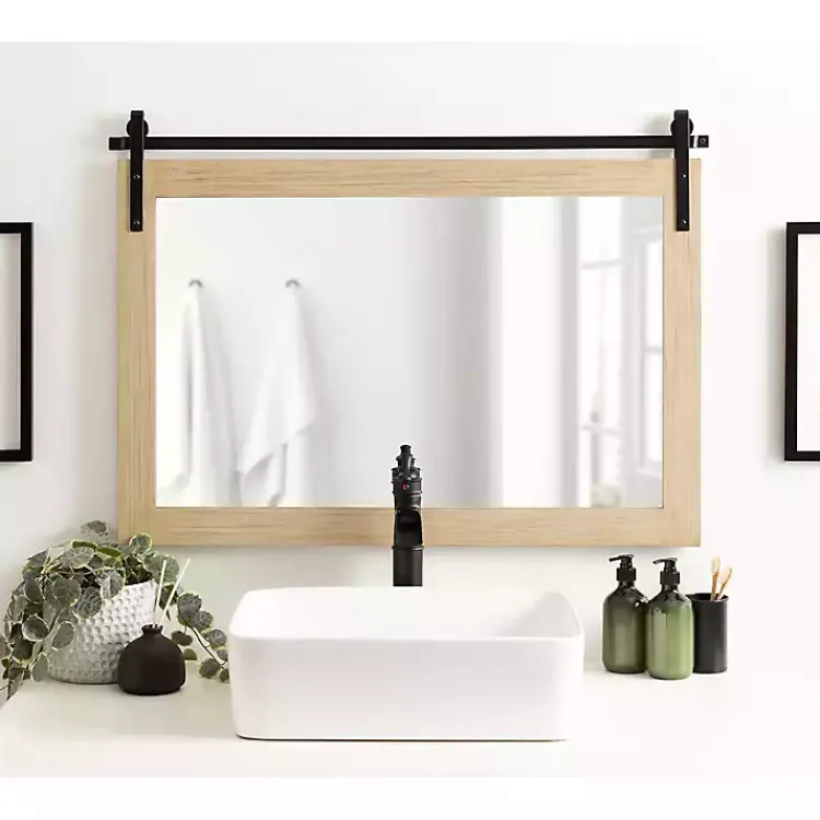 Kirklands Home Decorative Mirrors|Natural Wood Metal Barn Door Wall Mirror
