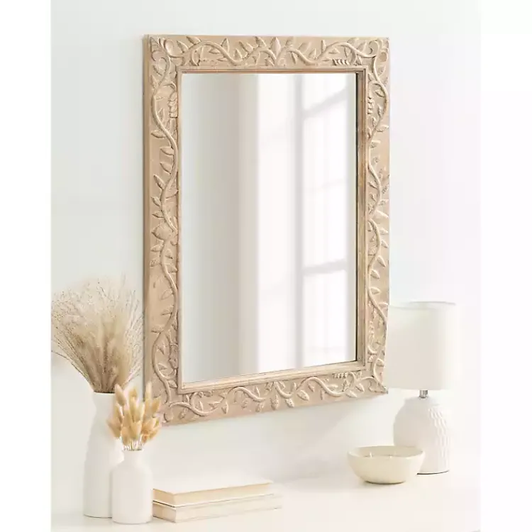 Kirklands Home Decorative Mirrors|Natural Wood Ornate Carved Wall Mirror Tan