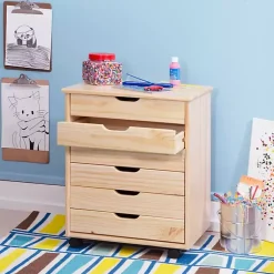 Kirklands Home Office Furniture|Natural Wood Wide 6-Drawer Cary Storage Cart Tan