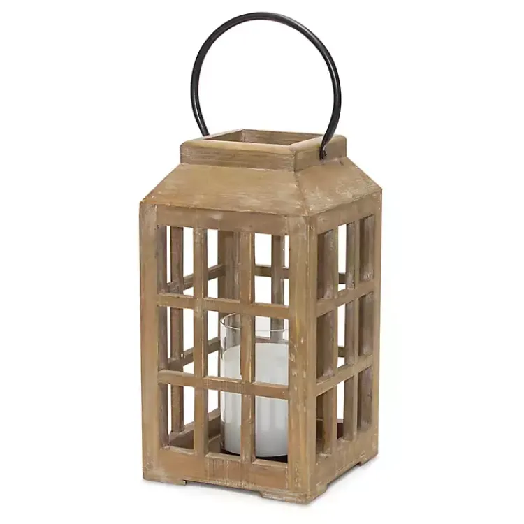 Natural Wood Windowpane Lantern, 17 in. Lanterns