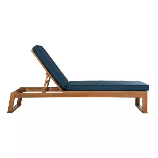 Kirklands Home Outdoor Seating|Natural Wooden Chaise with Navy Cushion Blue