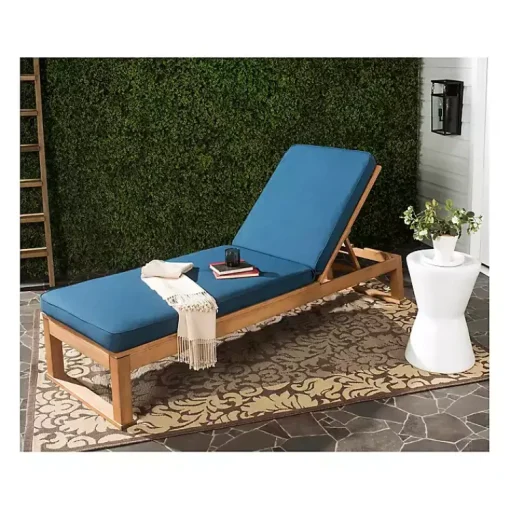 Kirklands Home Outdoor Seating|Natural Wooden Chaise with Navy Cushion Blue