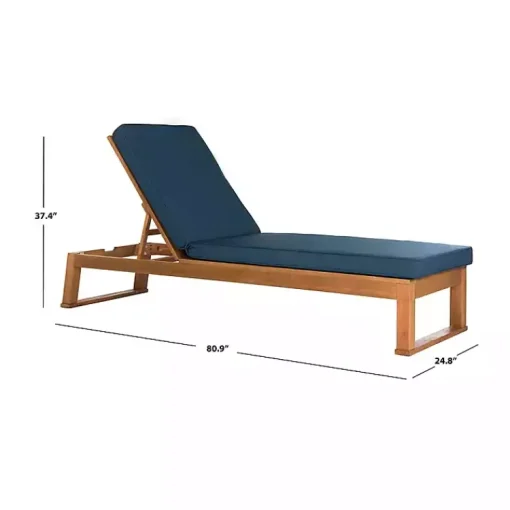 Kirklands Home Outdoor Seating|Natural Wooden Chaise with Navy Cushion Blue