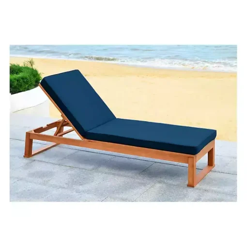 Kirklands Home Outdoor Seating|Natural Wooden Chaise with Navy Cushion Blue