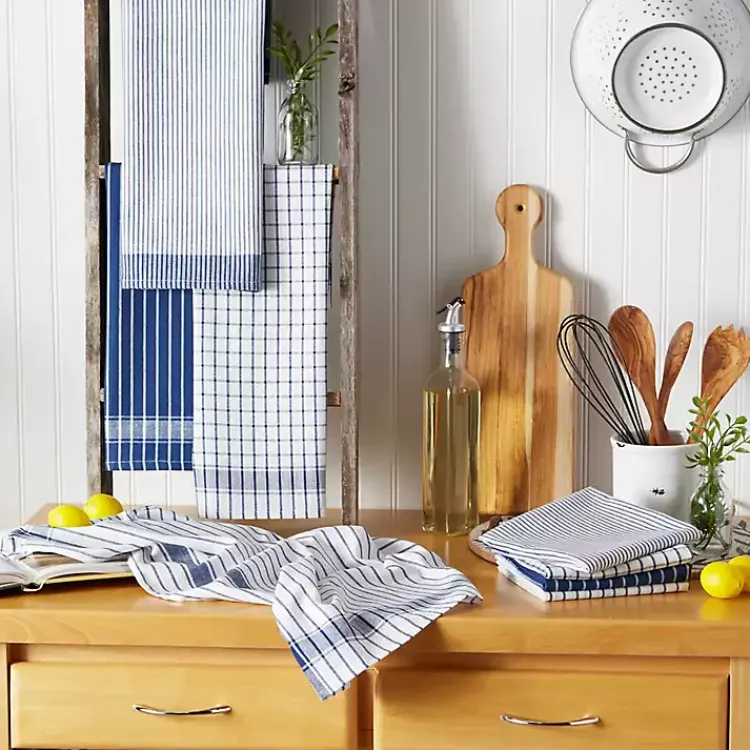 Kirklands Home Kitchen Accessories|Nautical Blue Basic Assorted Dishtowels, Set of 8