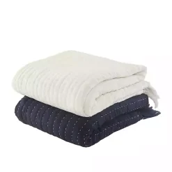 Clearance Navy and Cream Stitch Fringe Throw Blankets & Throws