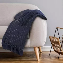 Clearance Navy and Cream Stitch Fringe Throw Blankets & Throws