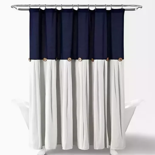 Kirklands Home Shower Curtains|Navy and White Button Accent Linen Shower Curtain Blue