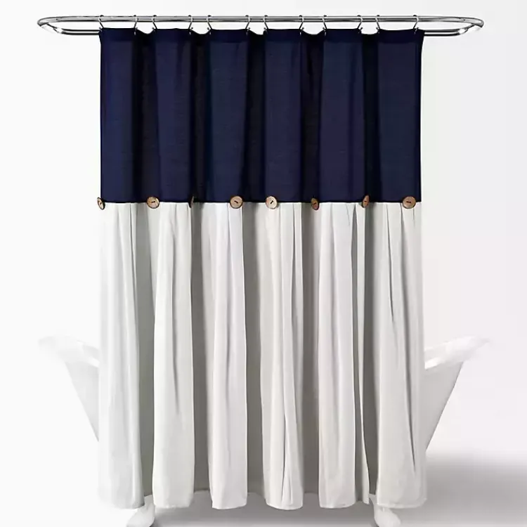 Kirklands Home Shower Curtains|Navy and White Button Accent Linen Shower Curtain Blue