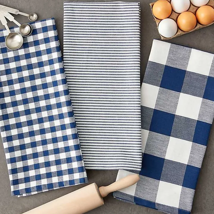 Kirklands Home Kitchen Accessories|Navy and White Mixed Check Towels, Set of 3 Blue