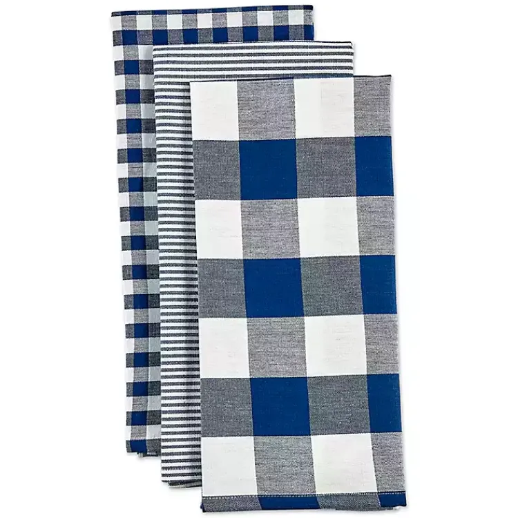 Kirklands Home Kitchen Accessories|Navy and White Mixed Check Towels, Set of 3 Blue