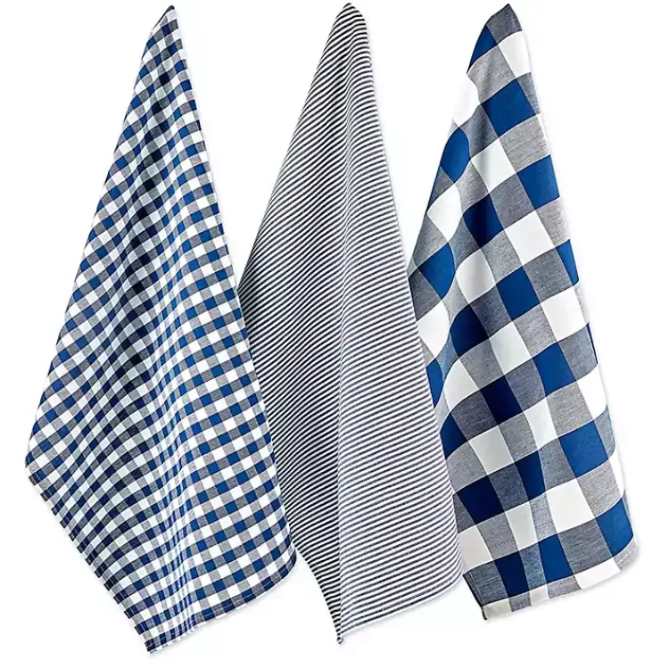 Kirklands Home Kitchen Accessories|Navy and White Mixed Check Towels, Set of 3 Blue