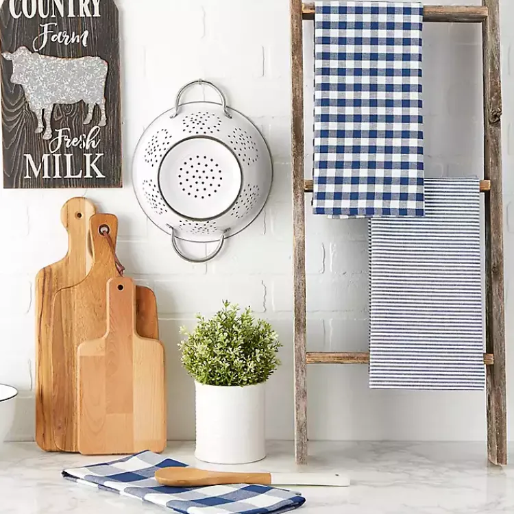 Kirklands Home Kitchen Accessories|Navy and White Mixed Check Towels, Set of 3 Blue