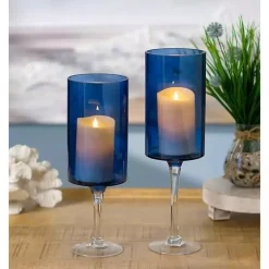 Clearance Navy Glass Hurricane Candle Holders, Set of 2 Candle Holders