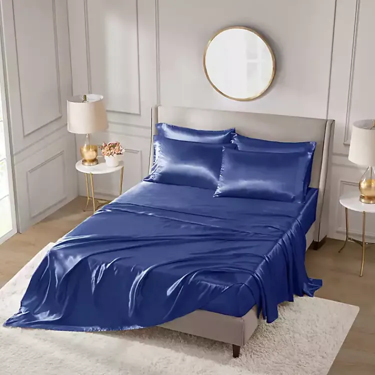 Kirklands Home Bed Sheets|Navy Satin 6-pc. Full Sheet Set Blue