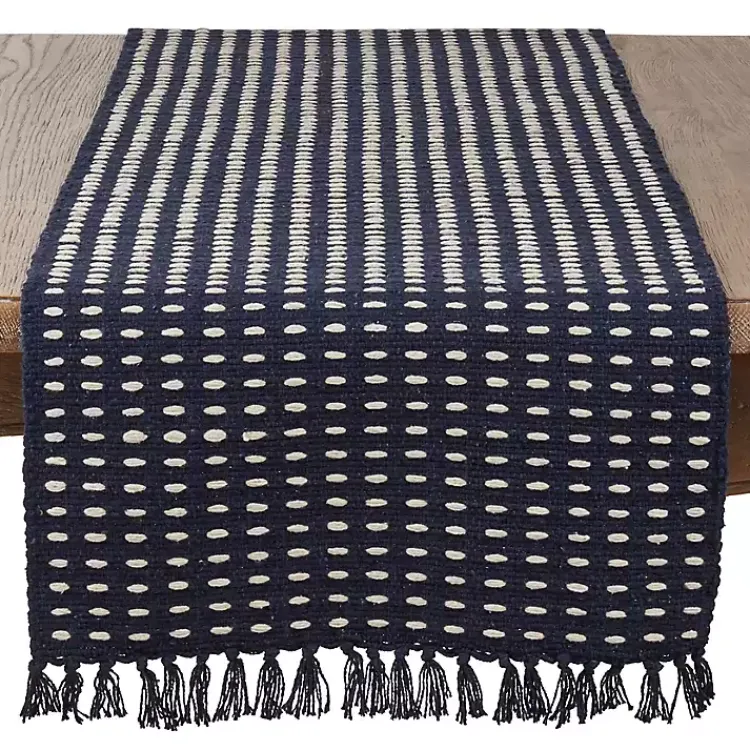 Kirklands Home Table Linens|Navy Blue Tasseled Woven Dash Table Runner