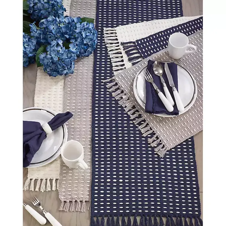 Kirklands Home Table Linens|Navy Blue Tasseled Woven Dash Table Runner