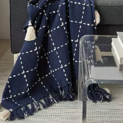 Online Navy Woven Checkered Throw Blankets & Throws