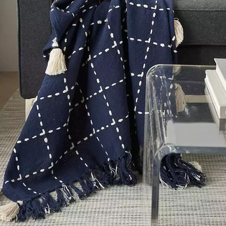 Online Navy Woven Checkered Throw Blankets & Throws