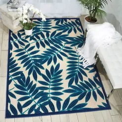 Kirklands Home Outdoor Rugs|Navy Botanical Leaves Outdoor Area Rug, 9x13