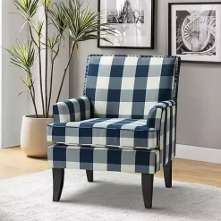 Kirklands Home Accent Chairs|Navy Buffalo Check Upholstered Armchair Blue