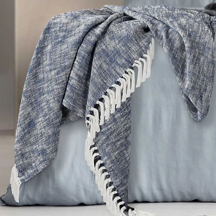 Online Navy Chambray Fringe Throw Blankets & Throws