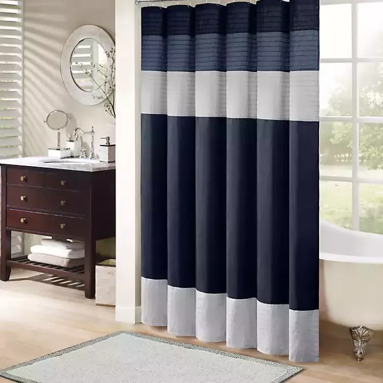 Kirklands Home Shower Curtains|Navy Colorblock Silky Shower Curtain Blue