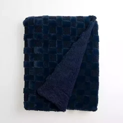 Clearance Navy Faux Fur and Boucle Checkerboard Throw Blankets & Throws