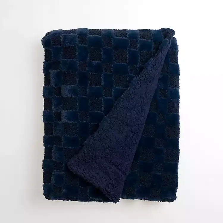 Clearance Navy Faux Fur and Boucle Checkerboard Throw Blankets & Throws