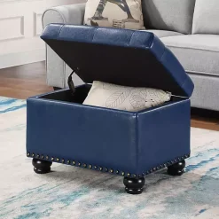 Kirklands Home Benches & Ottomans|Navy Faux Leather Jessy Storage Ottoman Blue