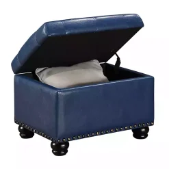 Kirklands Home Benches & Ottomans|Navy Faux Leather Jessy Storage Ottoman Blue