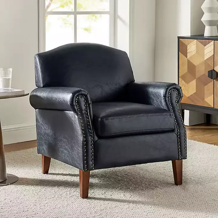 Kirklands Home Accent Chairs|Navy Faux Leather Nailhead Taylor Armchair Blue