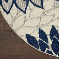 Kirklands Home Outdoor Rugs|Navy Floral Burst Round Outdoor Area Rug, 7x7